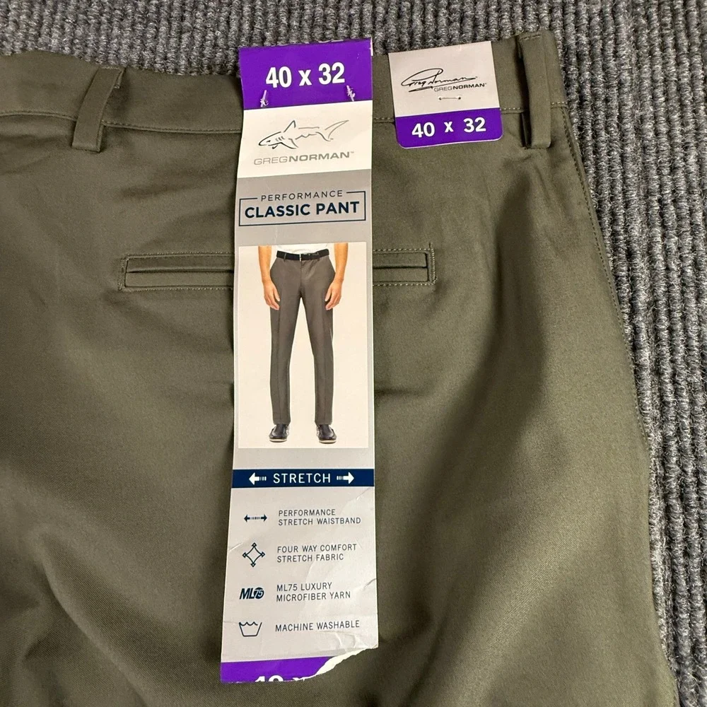Greg Norman Mens 40x32 Performance Classic Pant Olive Green Stretch TL111869